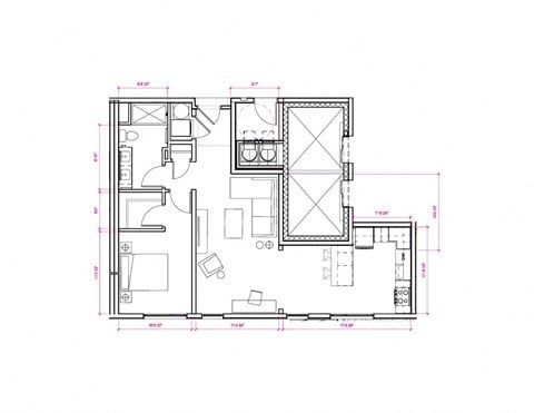 Floor plan for 1 bed, 1 bath, 751 sqft
